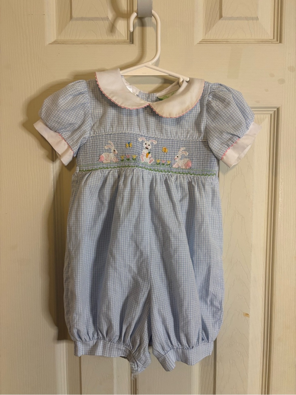 mine Light Blue Gingham Baby One-Piece with Bunny Smocking